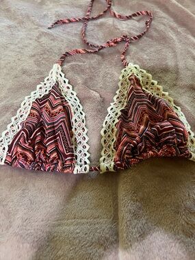 H&M Peach and Blue Crochet Trim Triangle Bikini Top